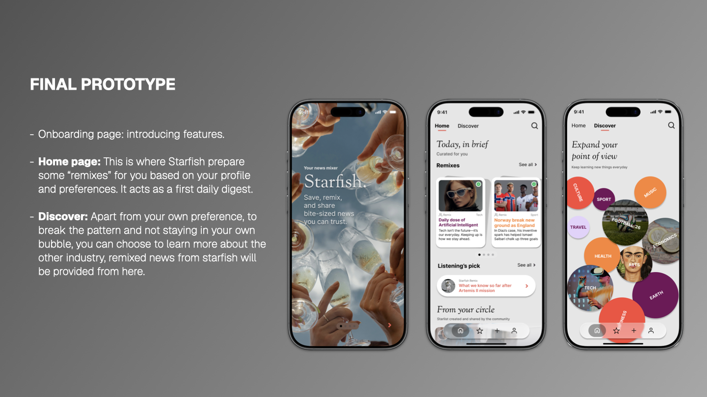 Starfish final prototype — onboarding, home and discover