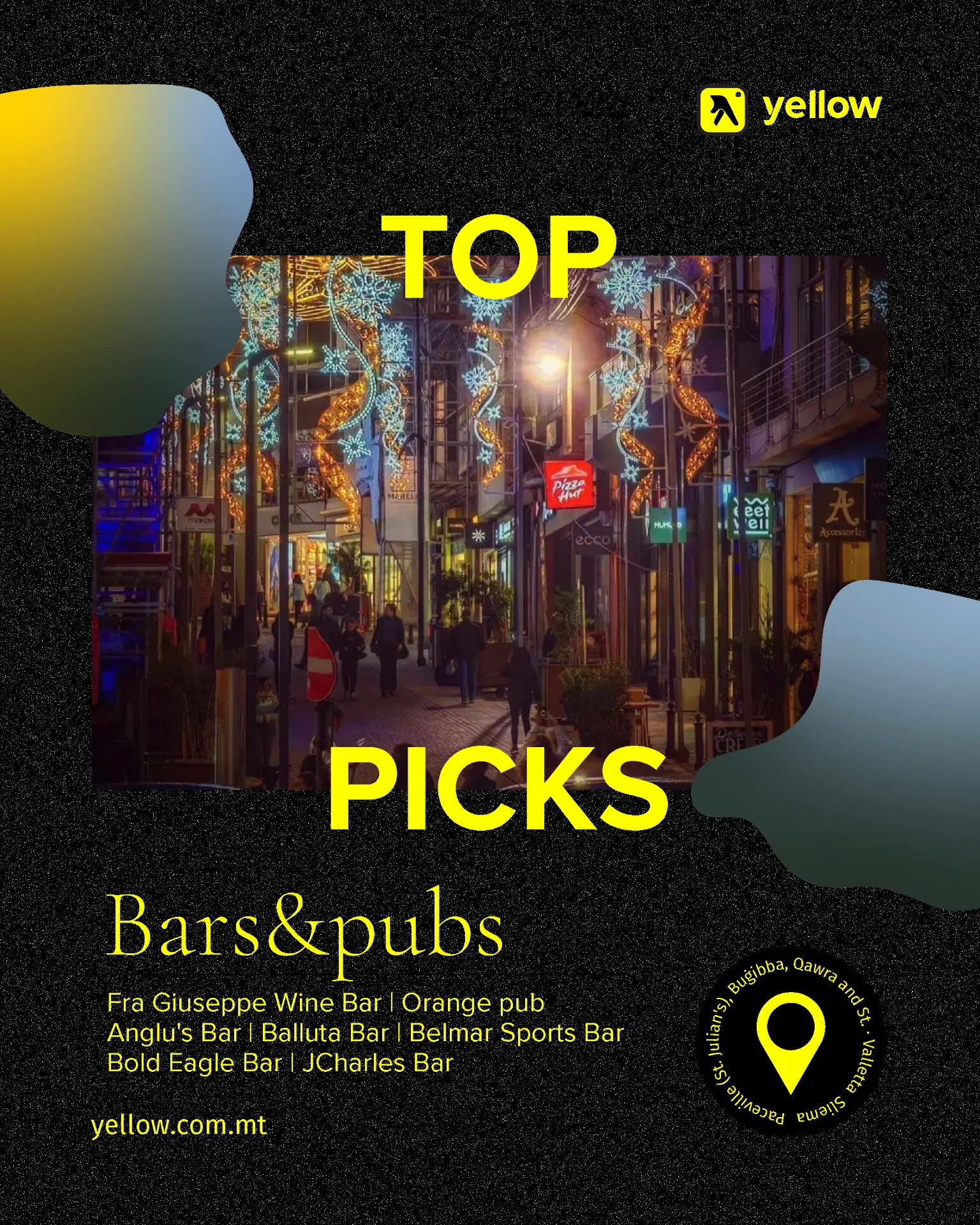Yellow Malta social post — Top Picks bars & pubs