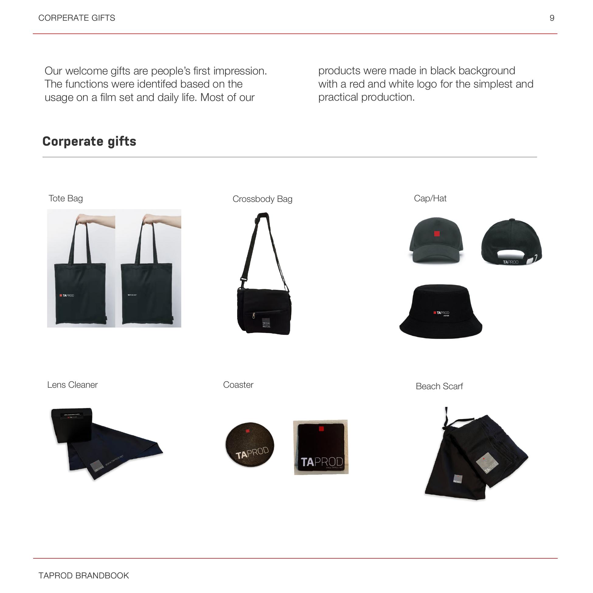 Brand book: corporate gifts — tote bags, cap, lens cleaner, coaster, beach scarf