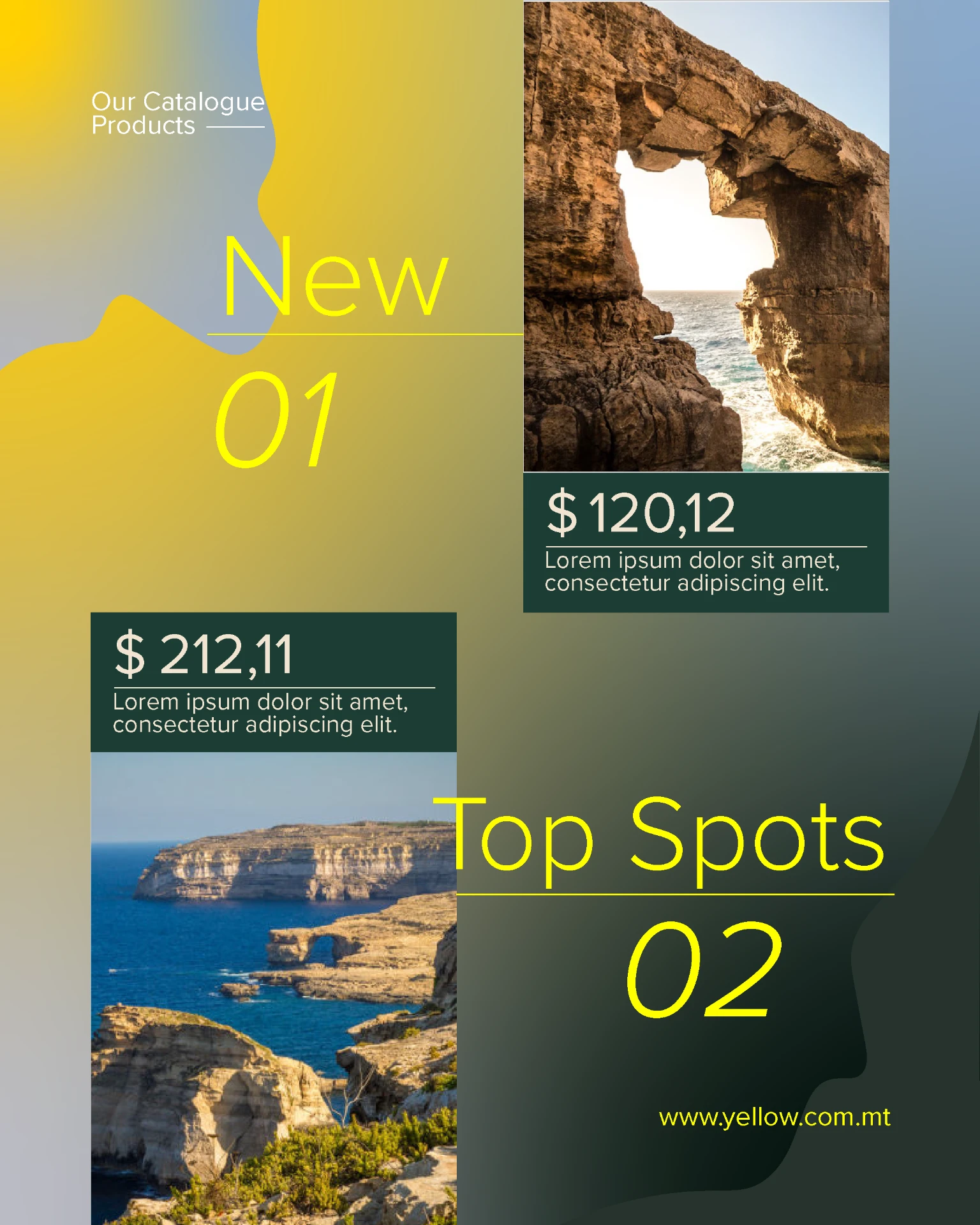 Yellow Malta social post — catalogue New 01 / Top Spots 02