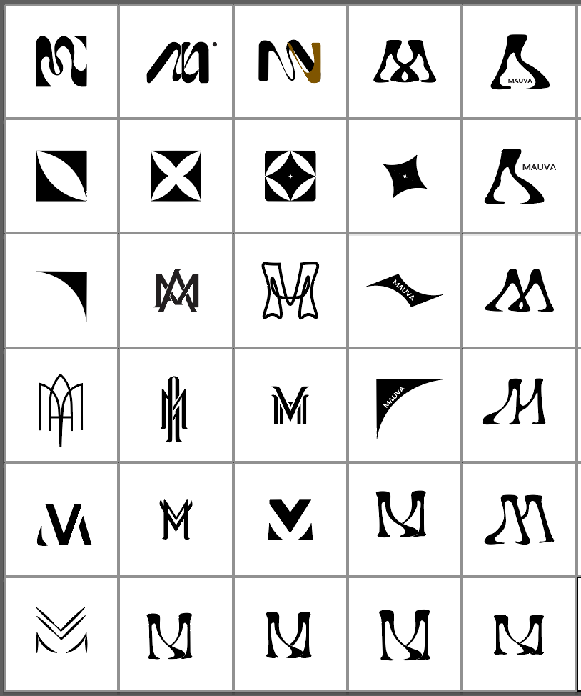 Grid of Mauva logo sketches exploring layered M letterforms and cutout shapes