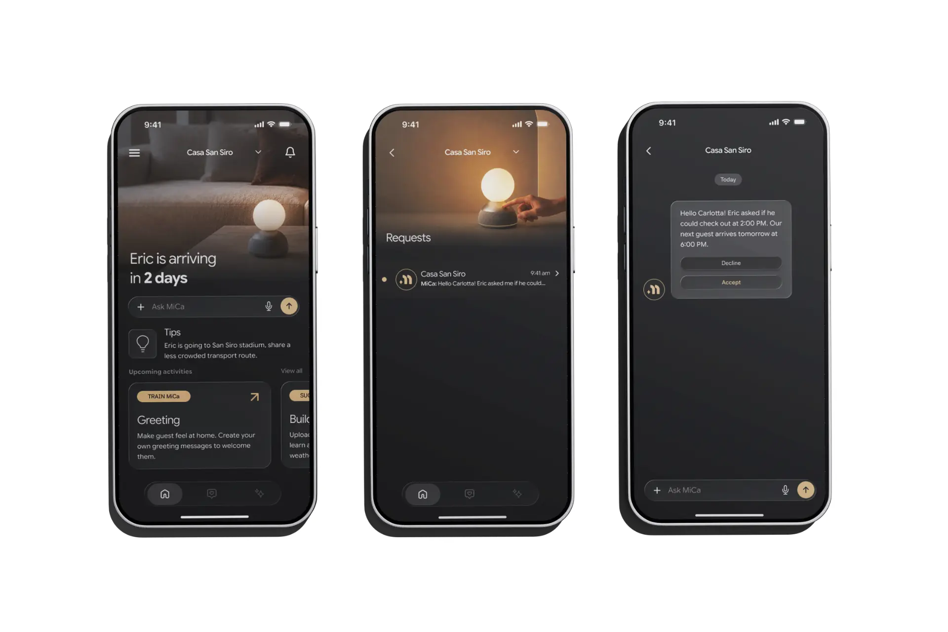 MiCa. — host home, requests and chat screens