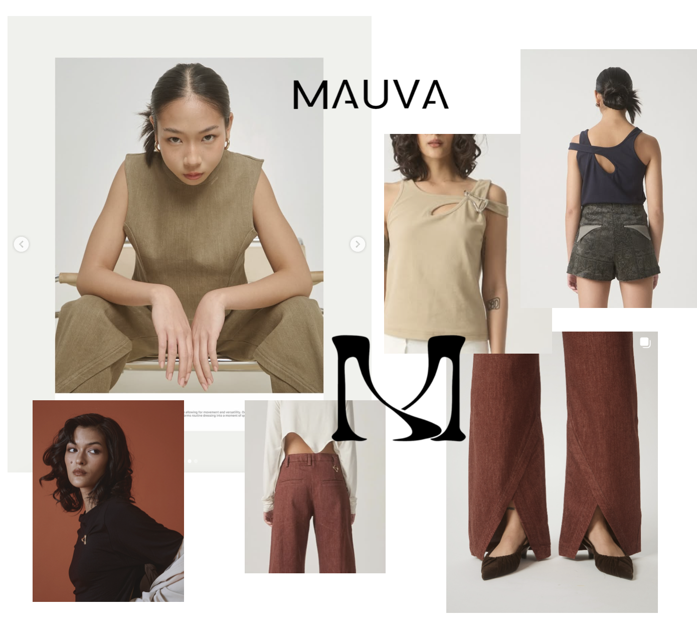 Mauva brand applications — campaign imagery with the logotype and M monogram