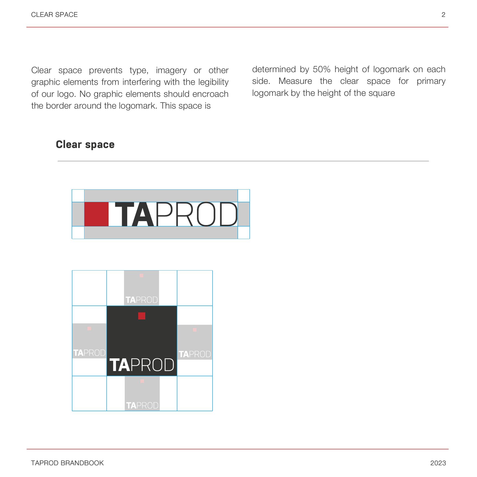 Brand book: clear space rules around the logomark
