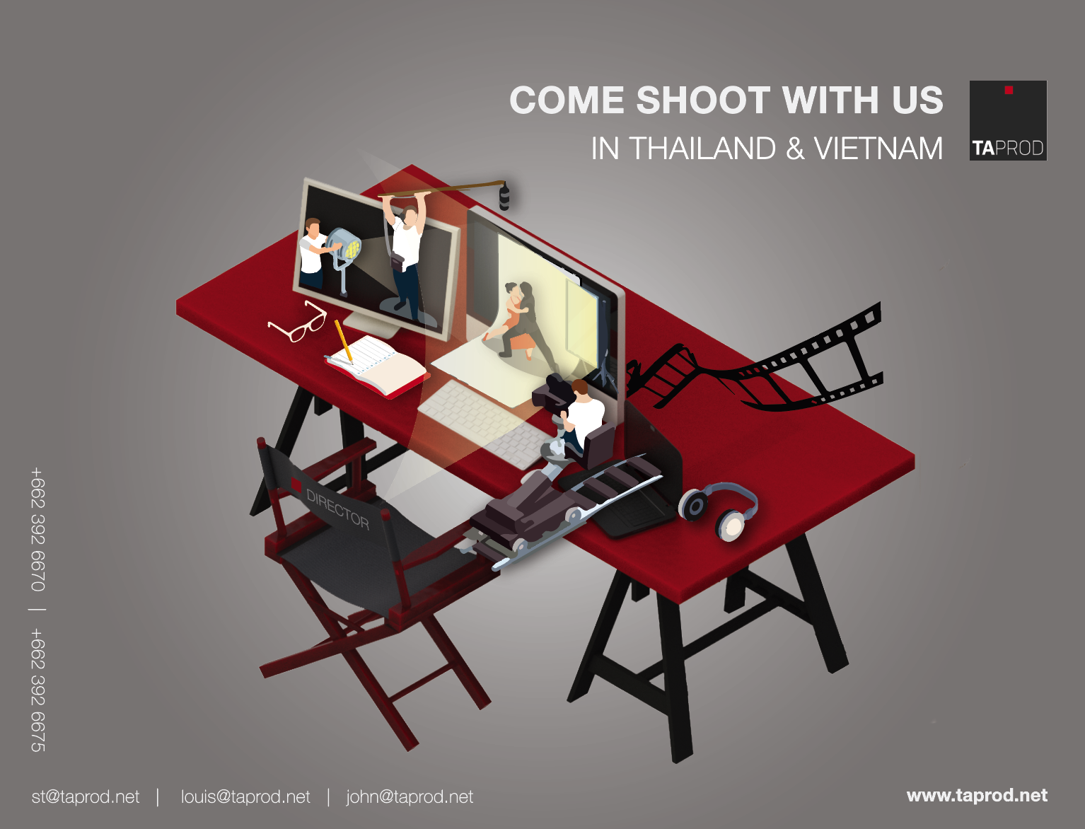 The finished Come Shoot With Us print ad — the isometric red desk scene with TaProd contacts