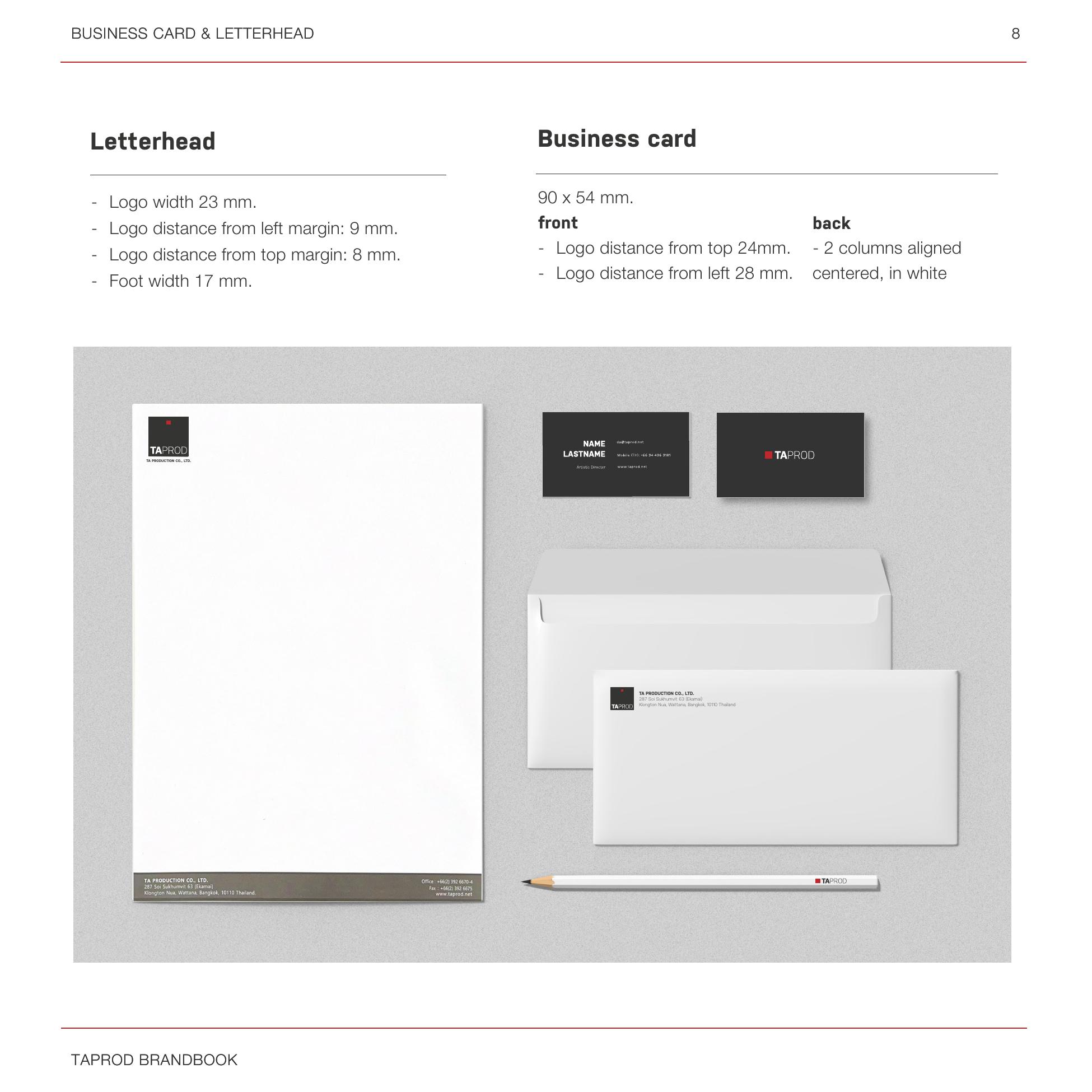Brand book: letterhead and business card specifications