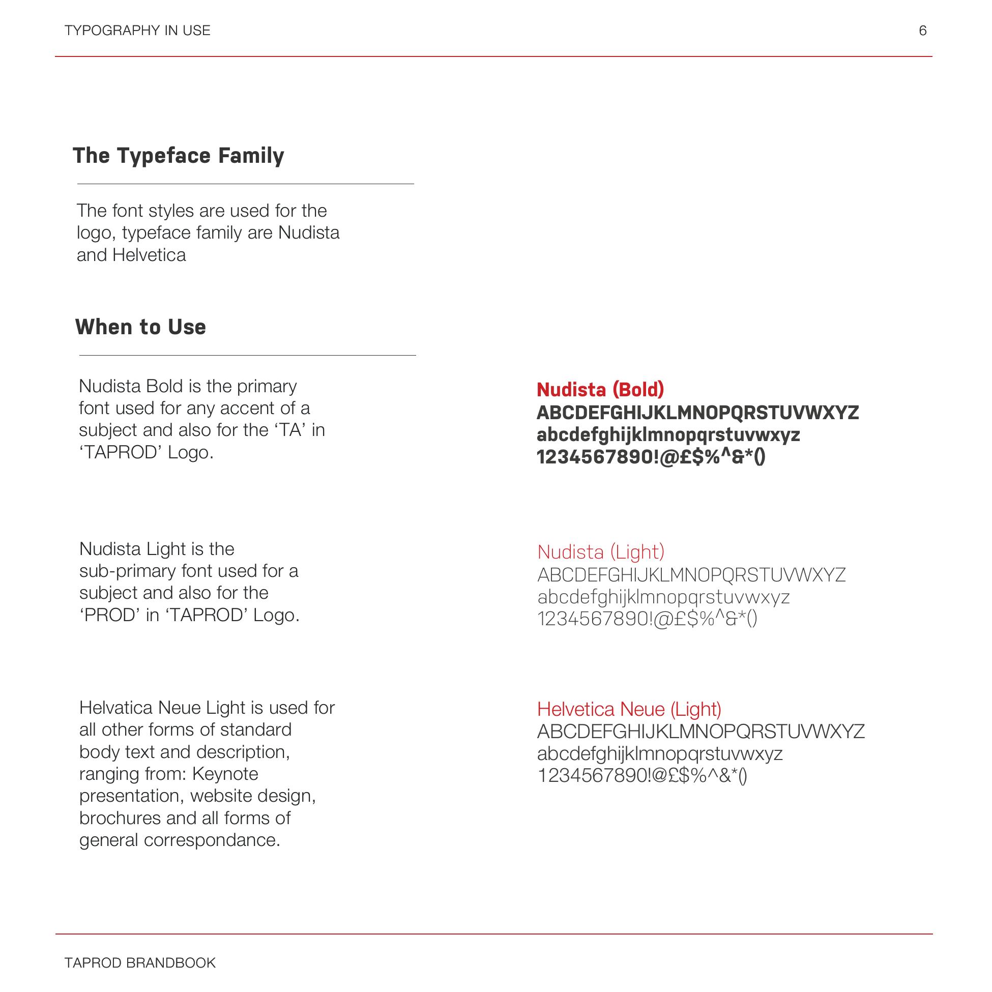 Brand book: Nudista Bold, Nudista Light and Helvetica Neue Light specimens
