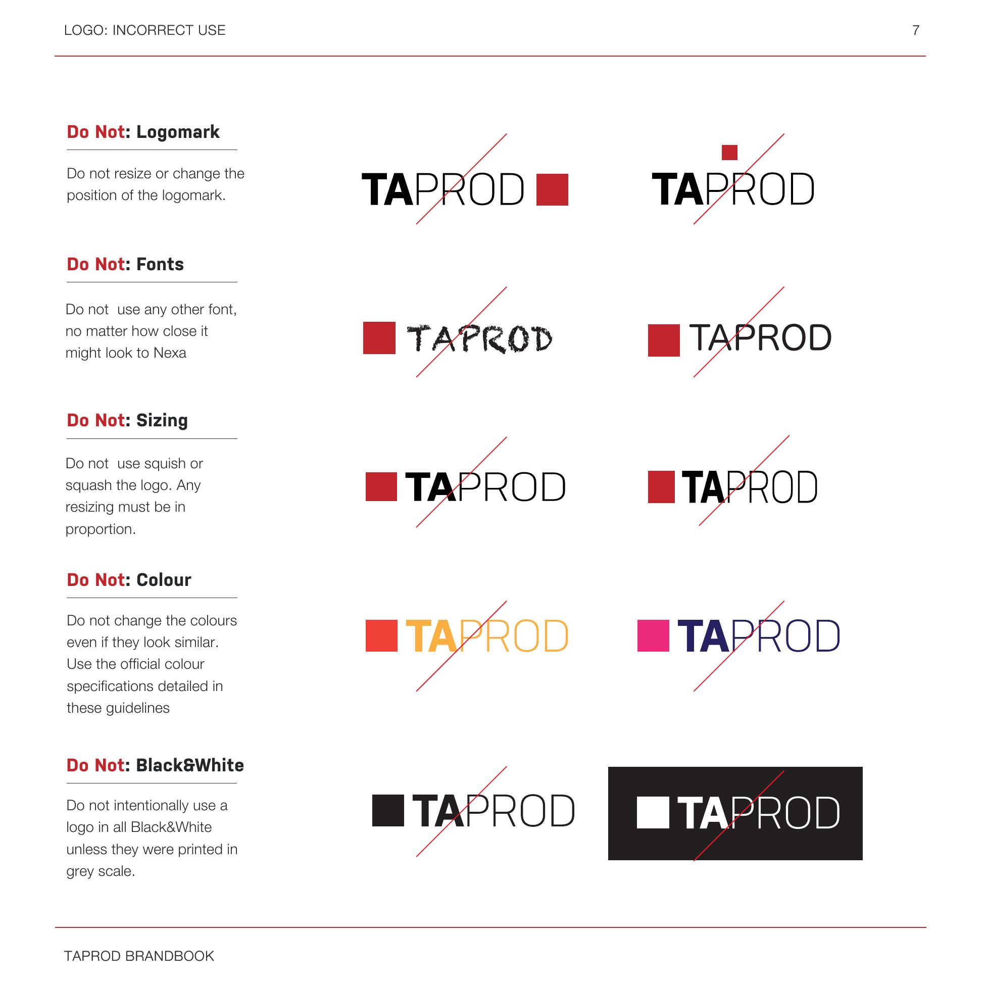 Brand book: incorrect logo use — position, fonts, sizing, colour, black and white